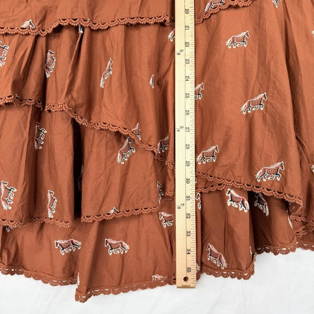 FARM Rio for Anthropologie Maxi skirt Rusty Brown Embroidered Horse Layered XS